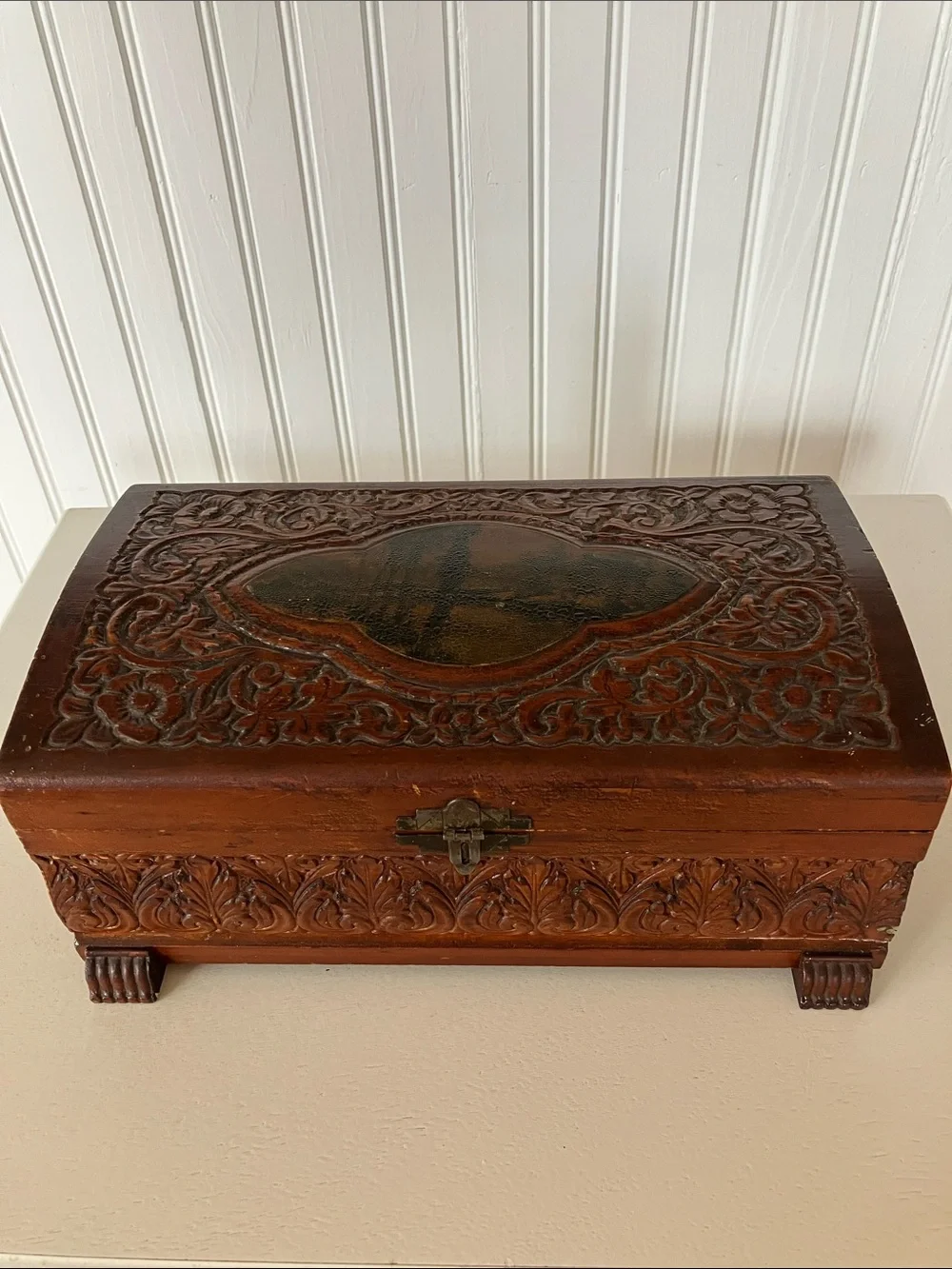 Vintage 50’s Carved Wood Jewelry/Trinket Box With Motif